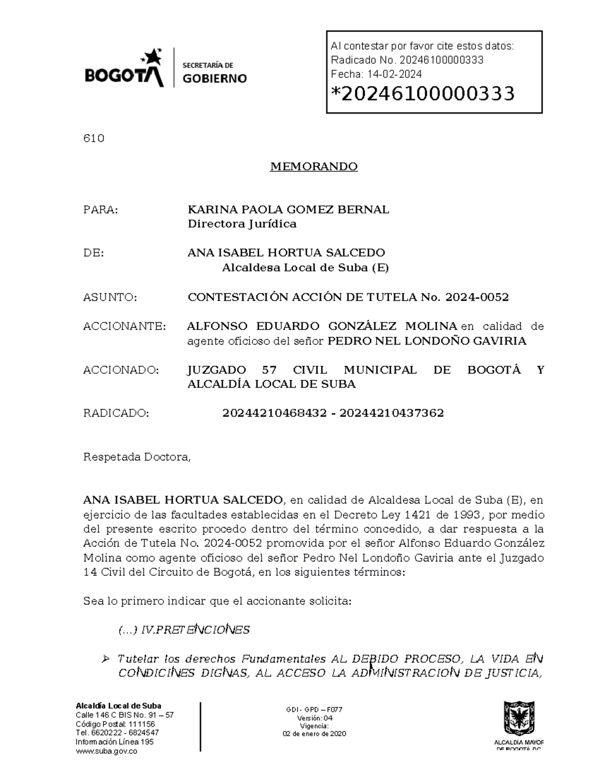 Contestación de Acción de Tutela No. 2024-0052 - Alcaldía Local de Suba ...