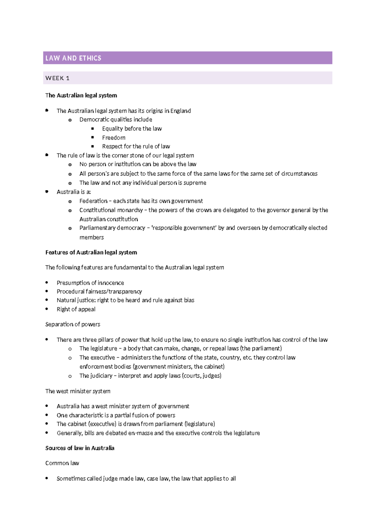 Law and Ethics Notes - Semester 2 Comprehensive Overview - Studocu