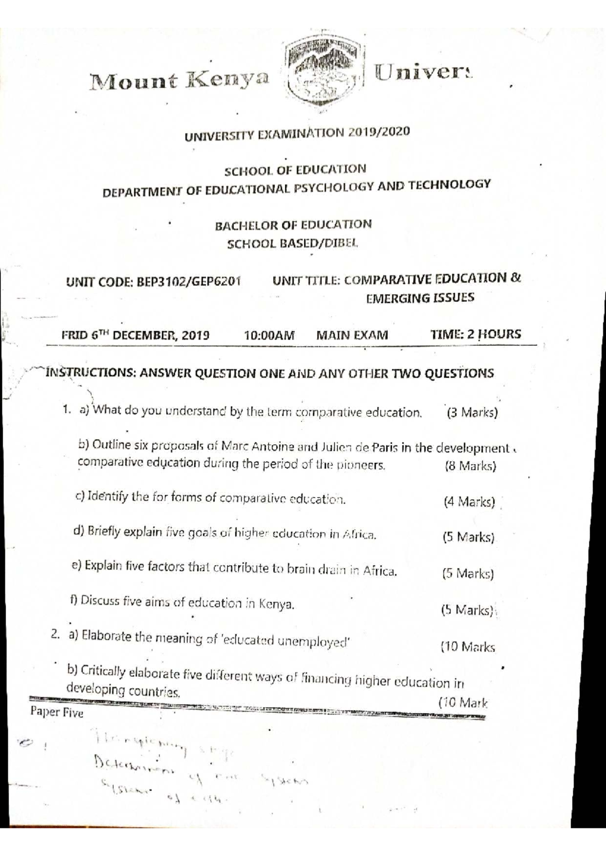 Comparative Education and Emerging Issues: Past Exam Papers (BEP3102) - Document Preview