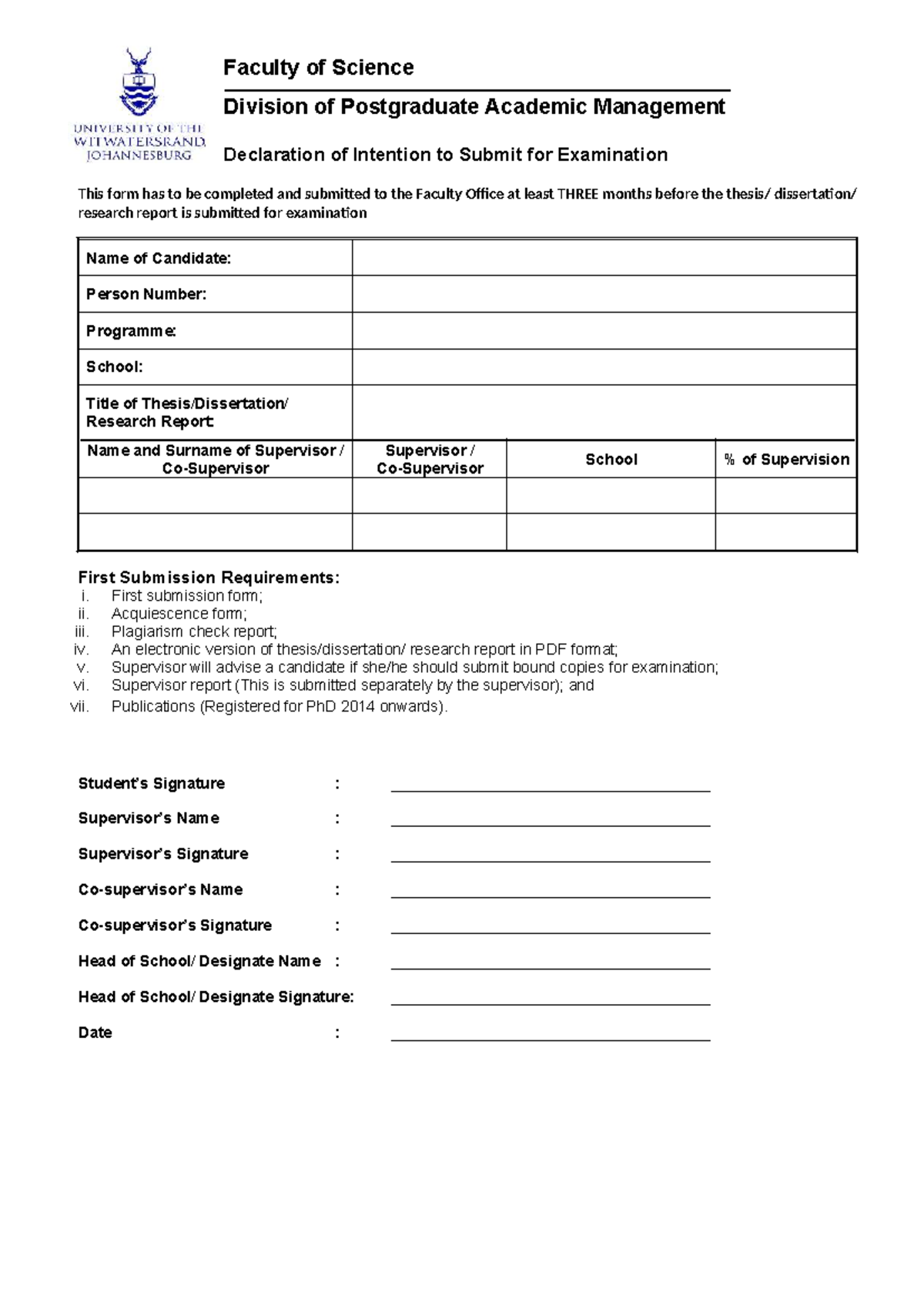 Declaration of Intention to Submit for Examination - Faculty of Science ...