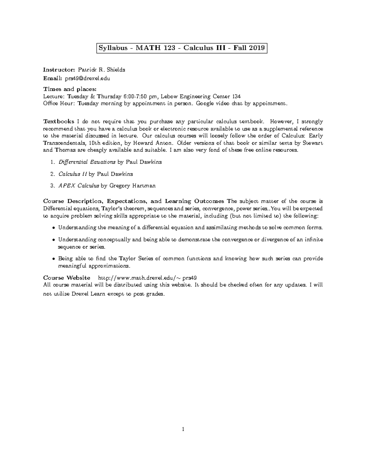 MATH 123 Syllabus: Calculus Fall 2019 Overview and Course Details - Studocu