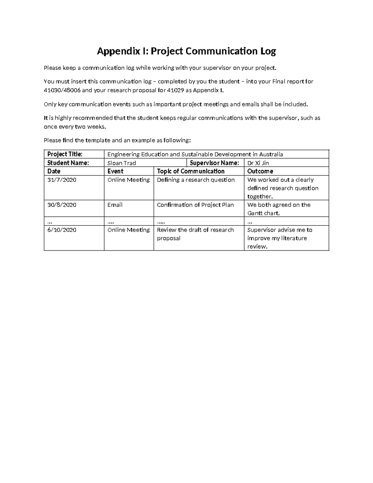 41029/41030/48006 Communication Log Template for Final Report - Studocu