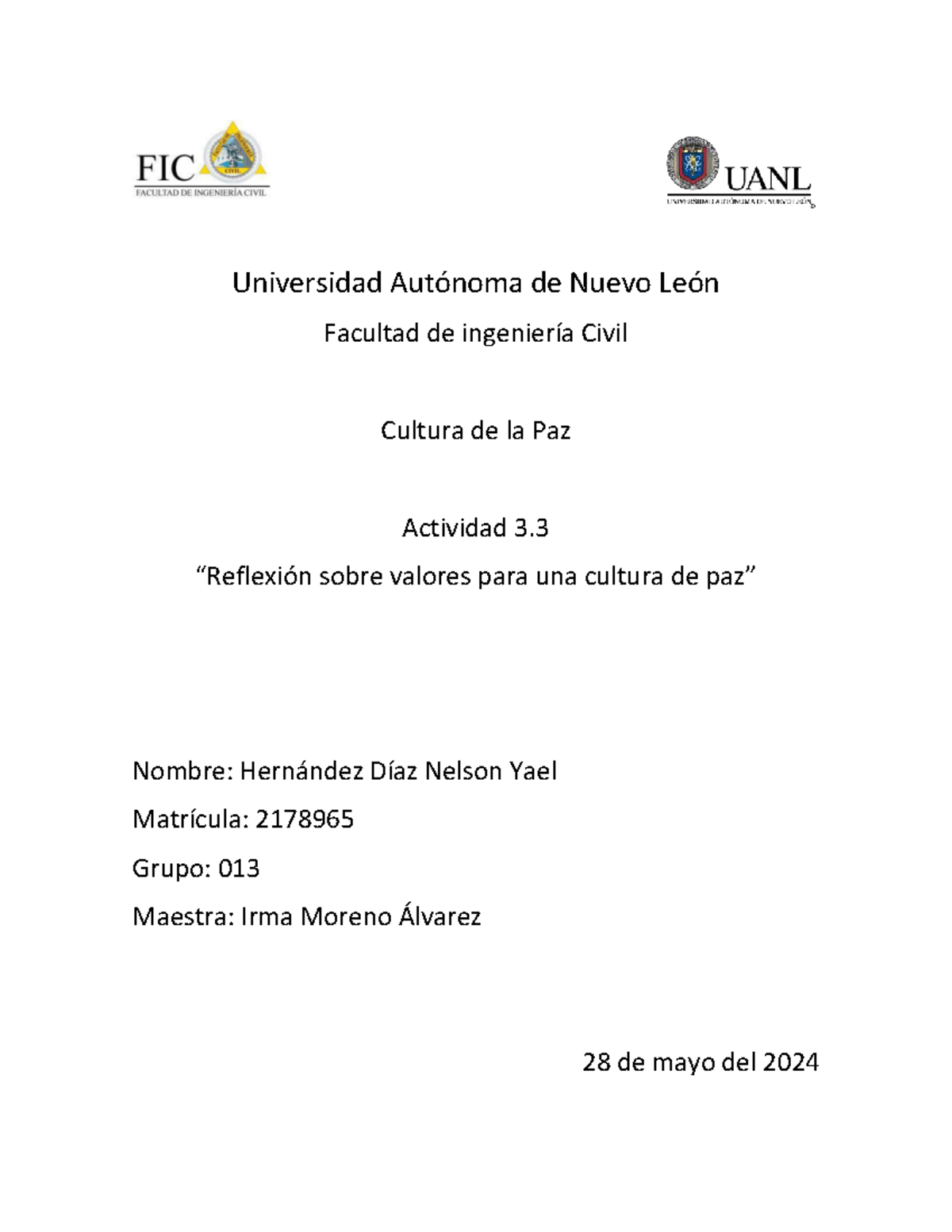 Actividad 3 - Reflexión sobre Valores para una Cultura de Paz en UANL ...