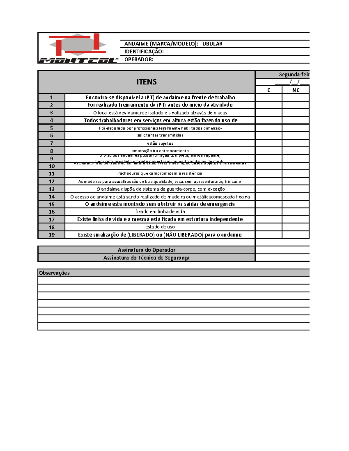 Checklist - Inspeção Diária de Andaime Suspenso (Balancim) - Studocu