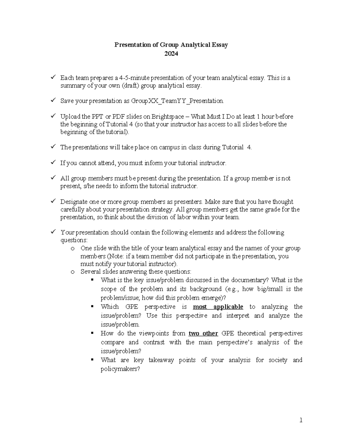 GPE 2024 Group Analytical Essay Presentation Instructions - Studeersnel