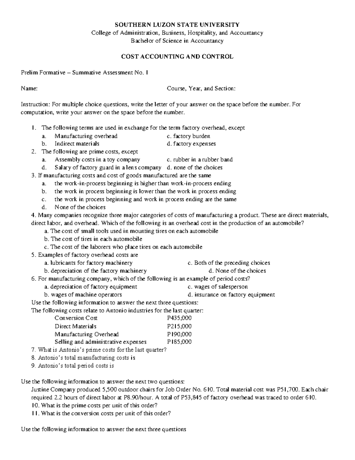 Cost Accounting and Control - Prelim Assessment 1 Overview - Studocu