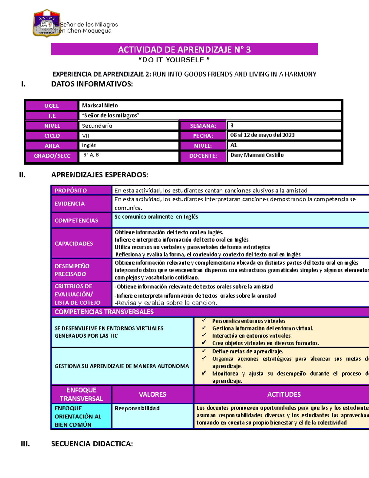 Actividad 3 - Inglés - Tercero - Experiencia de Aprendizaje 2 - Studocu