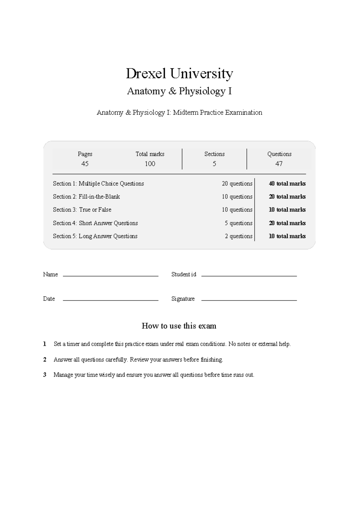 ANAT 101 Anatomy & Physiology I: Midterm Practice Exam 2026 - Studocu