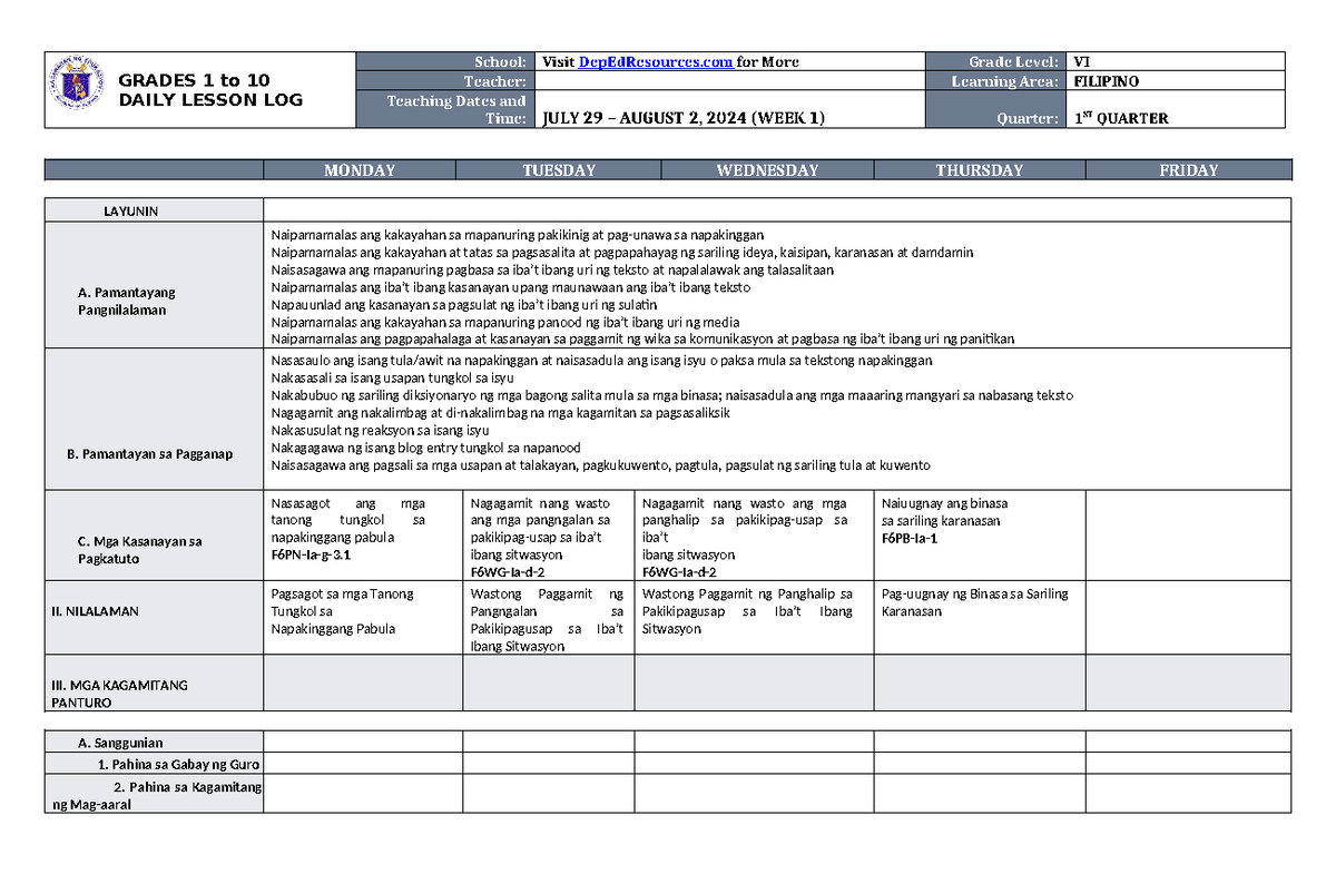 DLL Filipino 6 Q1 W1 - GRADES 1 to 10 DAILY LESSON LOG School: Visit ...