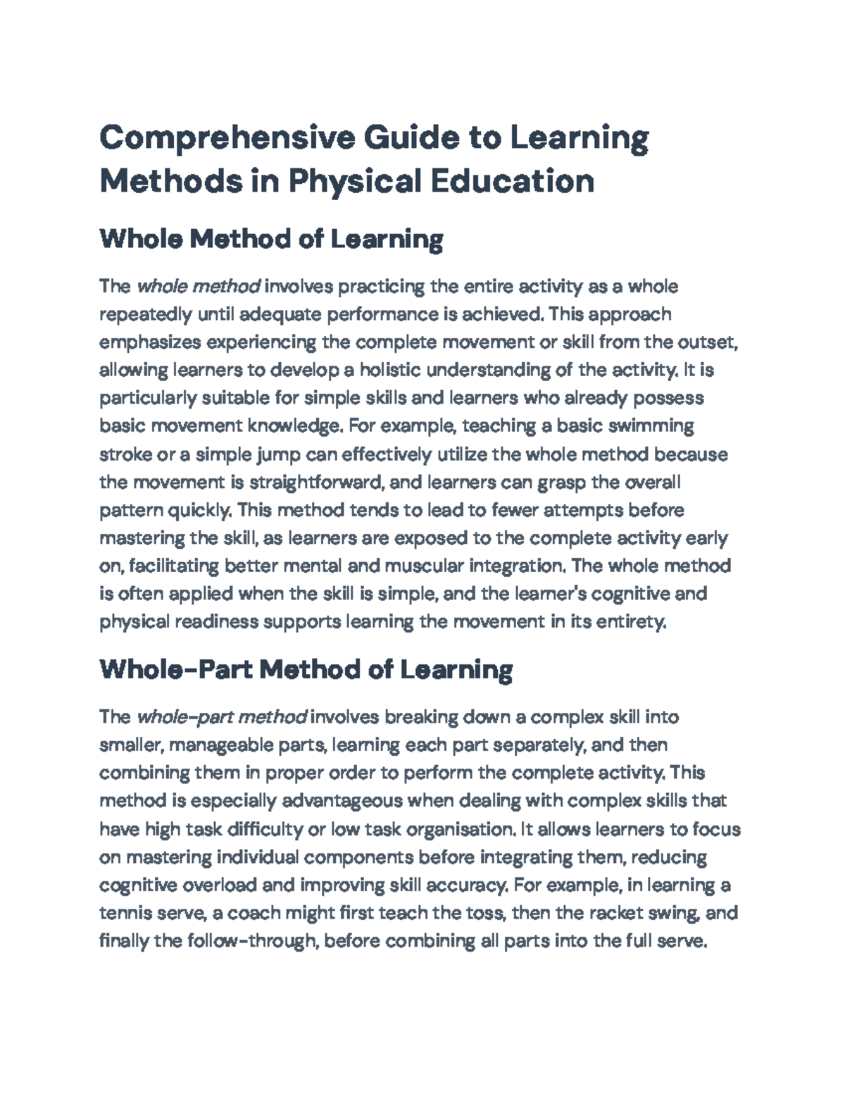 Learning Methods in Physical Education: Whole & Part Approaches Guide ...