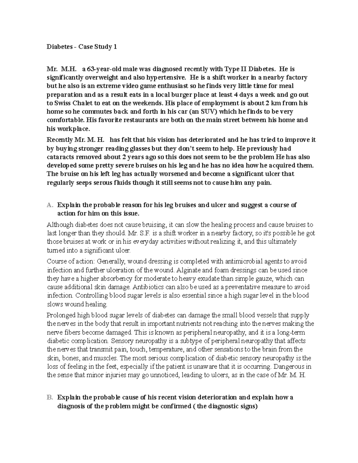 Diabetes Case Study 1 (Type II): Mr. M.H.'s Health Challenges and ...