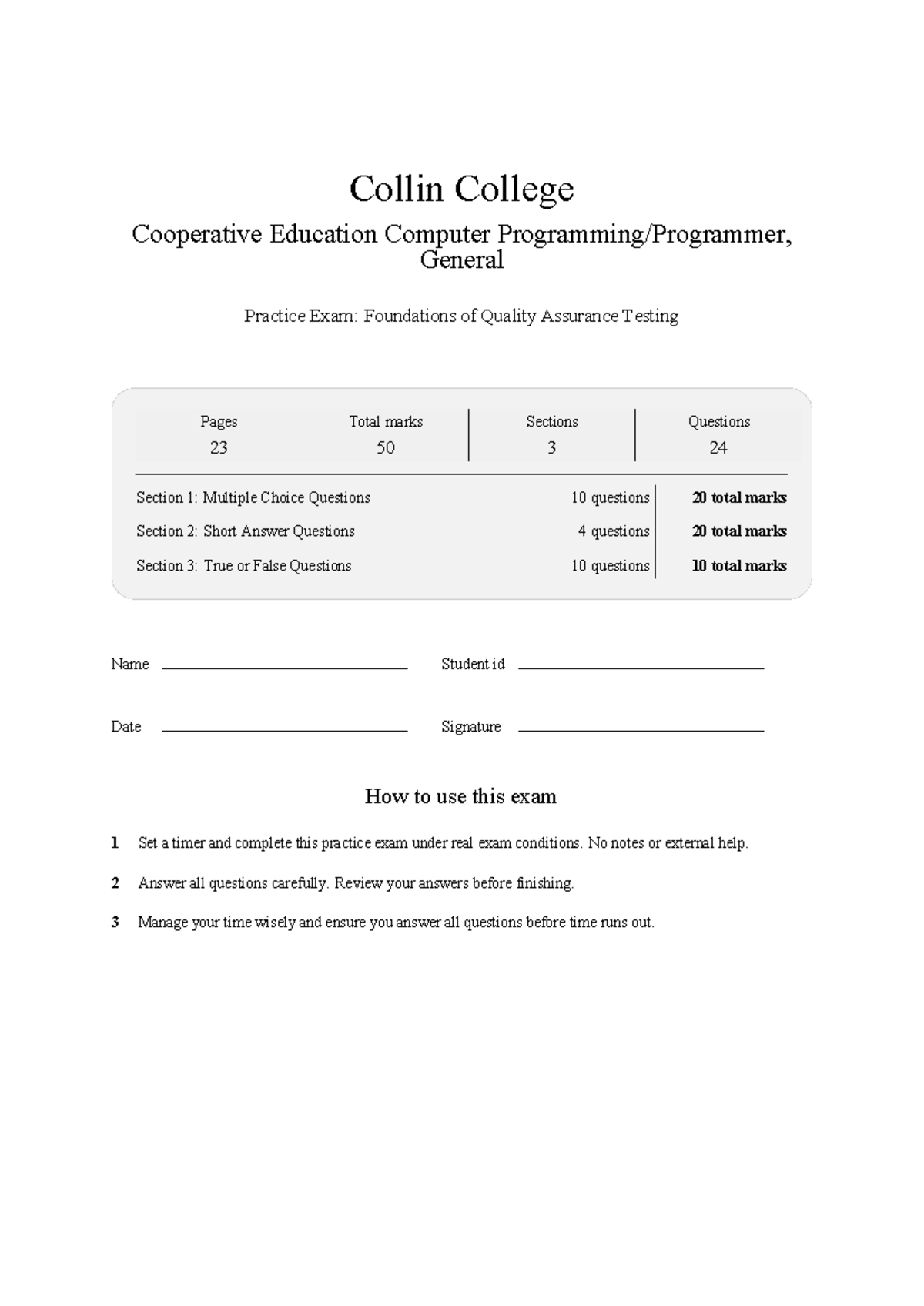 Collin College COOP ED Computer QA Testing Practice Exam - Studocu