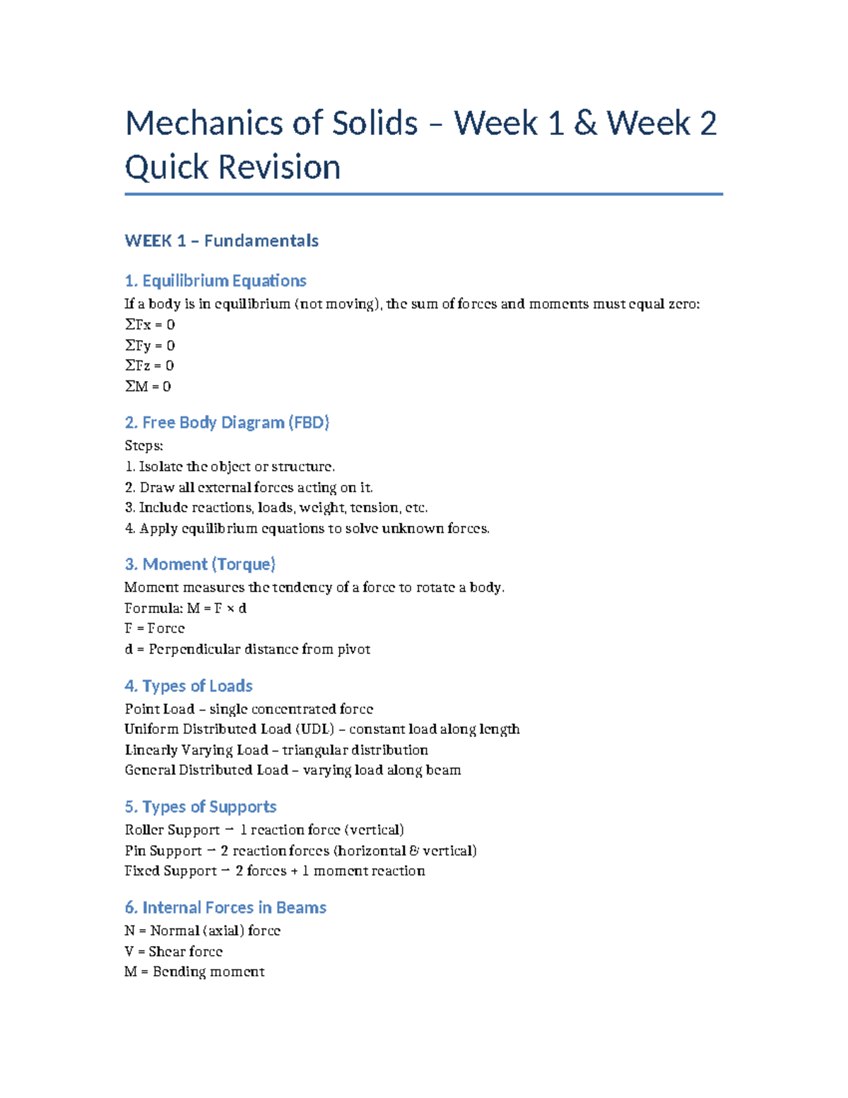 Mechanics of Solids Revision: Week 1 & Week 2 Overview - Studocu