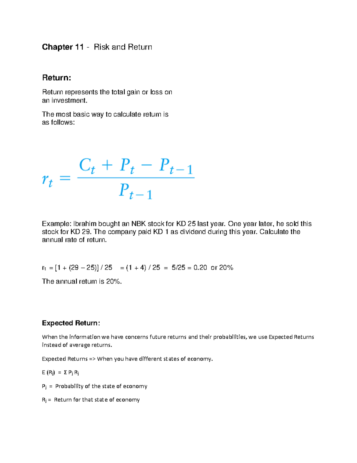 Chapter 11 Risk Return LU Notes - Chapter 11 - Risk and Return Return ...