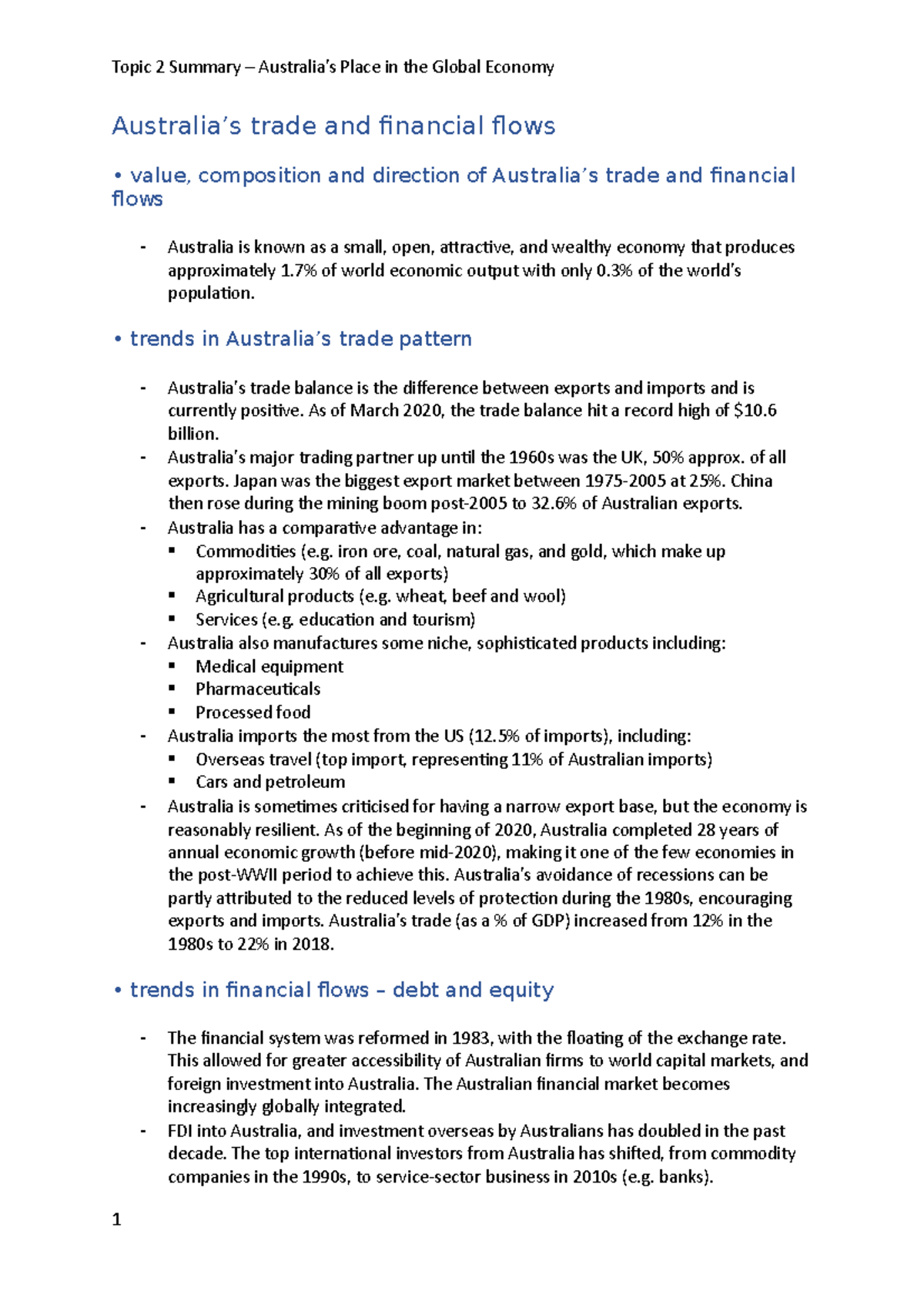 Topic 2 Summary: Australia's Role in Global Trade & Finance - Studocu