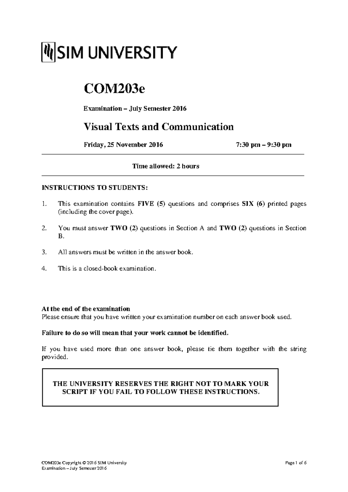 COM203 e JUL 2016 Exam Paper - COM203 - Studocu