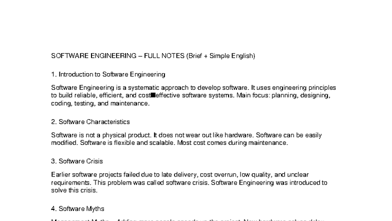 SOFTWARE ENGINEERING FULL NOTES (SE101) - Comprehensive Overview - Studocu
