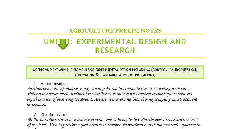AGRICULTURE PRELIM NOTES UNIT 1: EXPERIMENTAL DESIGN & RESEARCH - Studocu