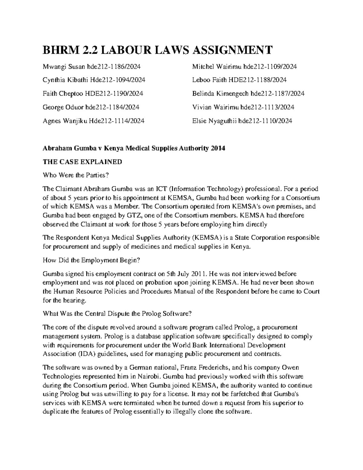 BHRM 2.2 Labour Laws Assignment: Case Analysis of Gumba v KEMSA (2014 ...