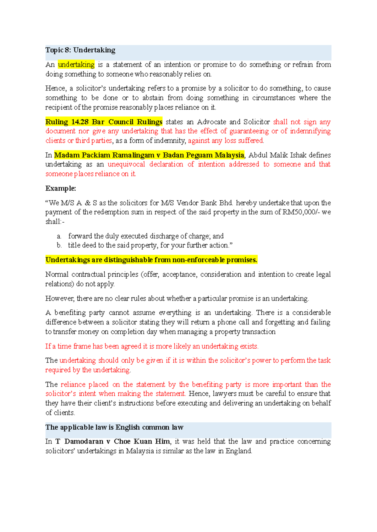 Topic 8: Essential Notes on Solicitors’ Undertakings and Principles ...