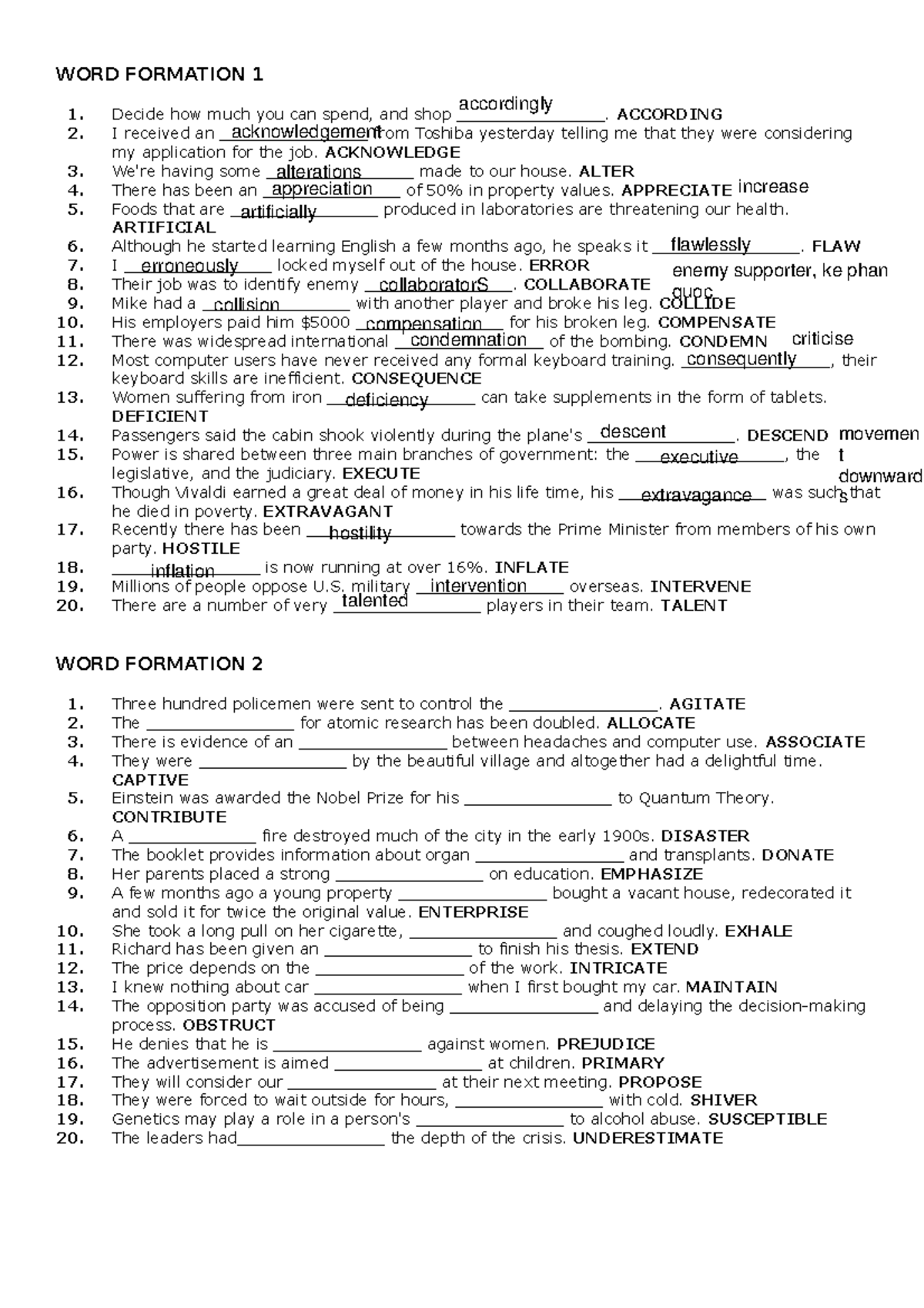 WORD FORMATION 1-10: Comprehensive Tests with Answers - Studocu