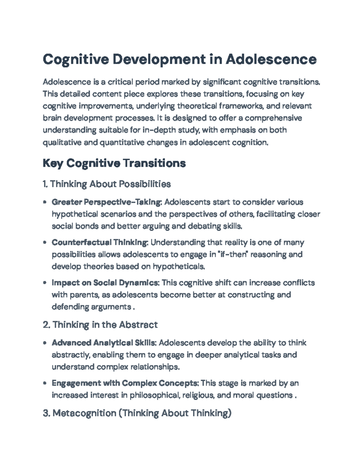 Cognitive Development in Adolescence: Key Transitions and Theories ...