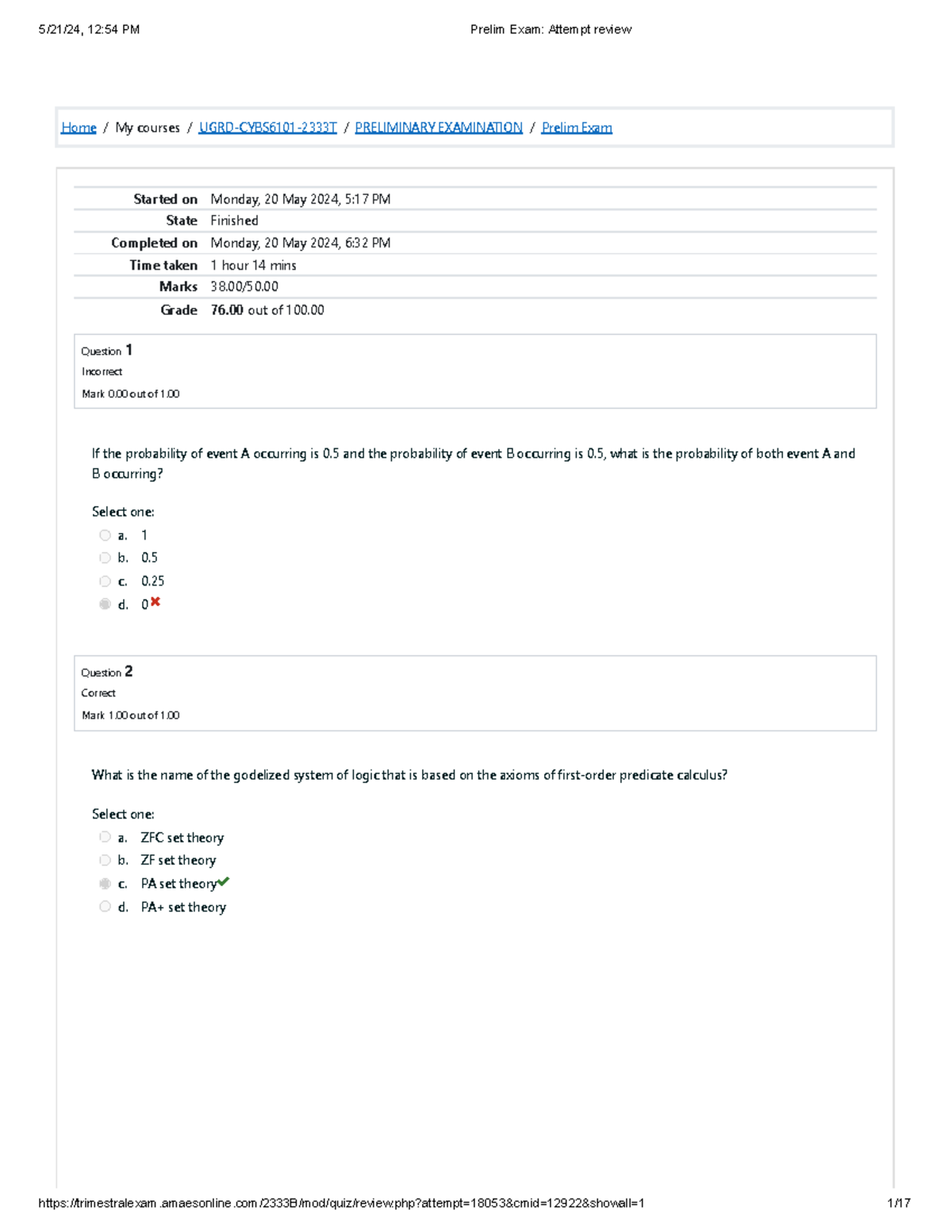 AI 1: Prelim Exam Attempt Review and Results - Studocu