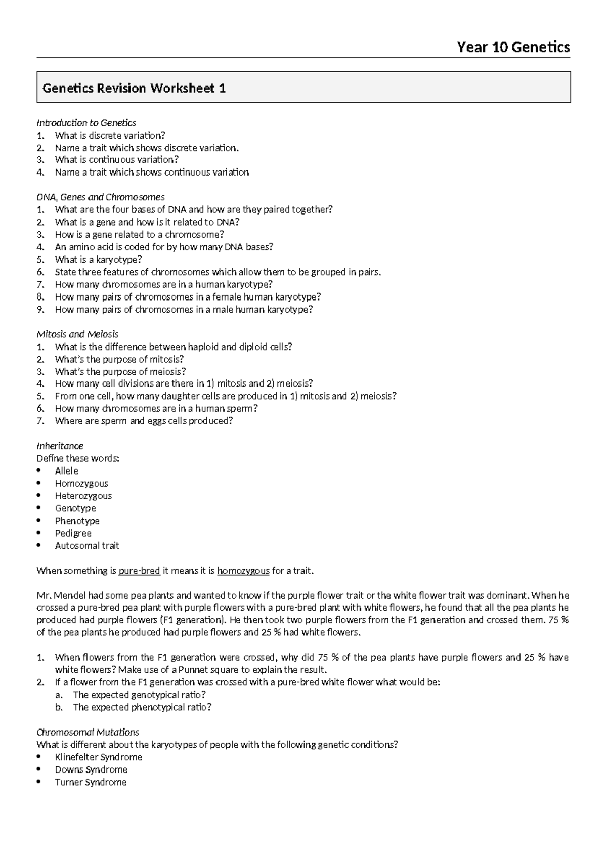 Year 10 Genetics Revision Worksheet 1: Key Concepts and Questions - Studocu