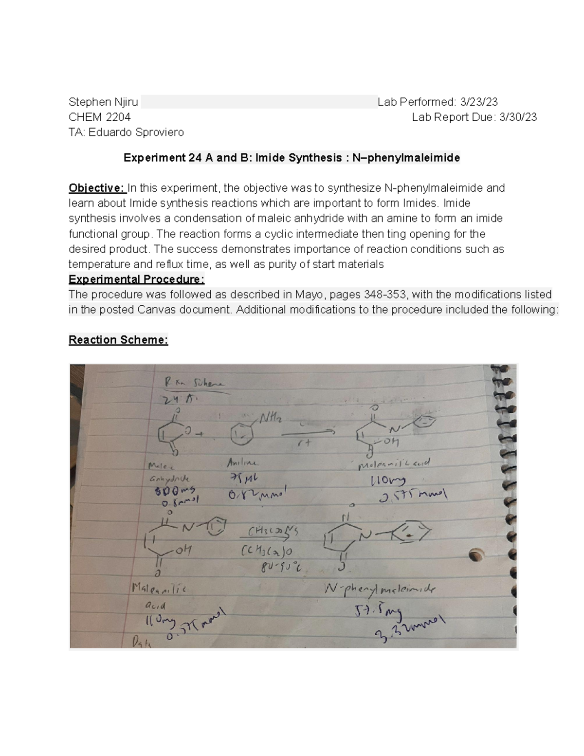 CHEM 2204 Lab Report: Synthesis of N-Phenylmaleimide via Imide ...