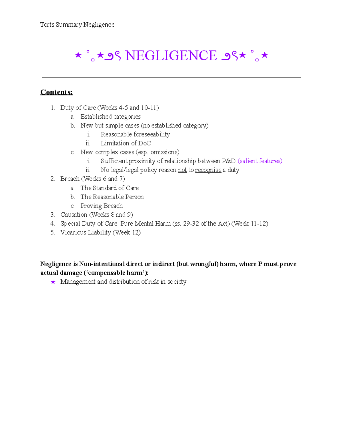 Torts (LAW101) Summary Notes on Negligence and Duty of Care - Studocu