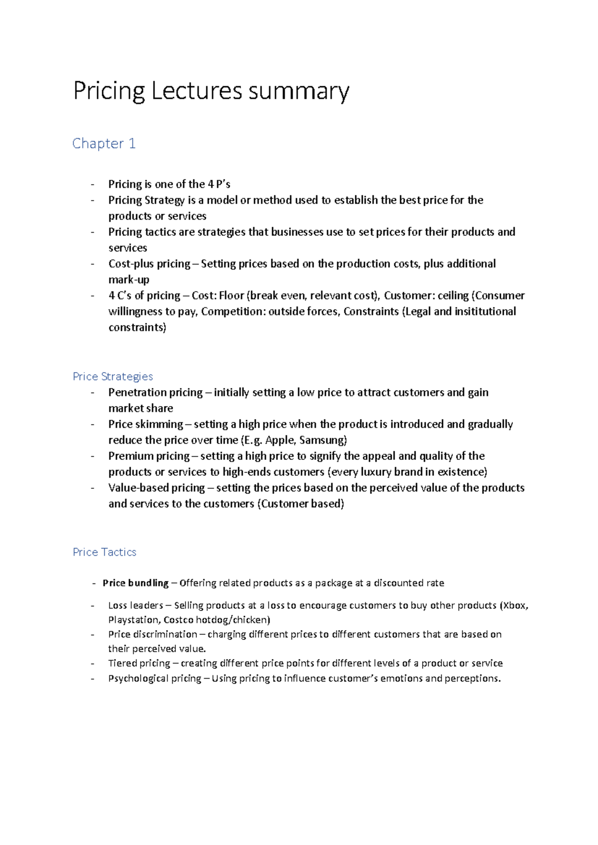Pricing Lectures summary - Pricing Lectures summary Chapter 1 Pricing ...