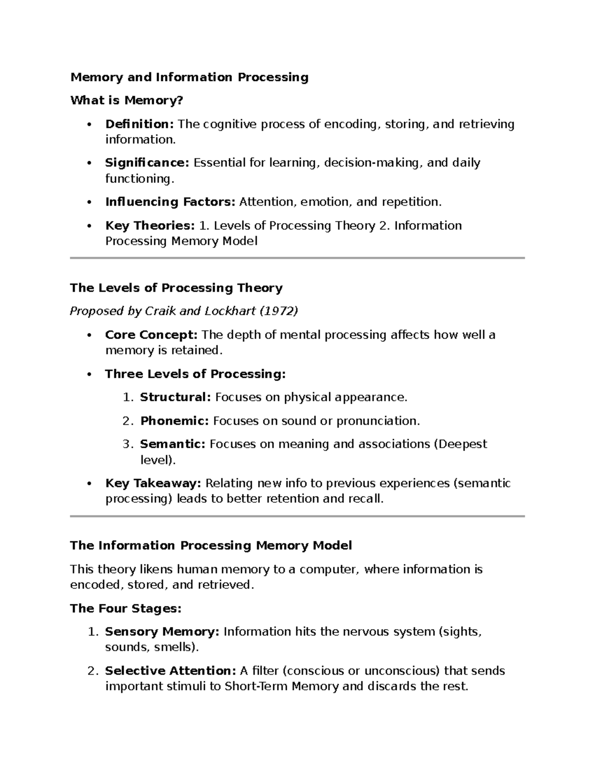 Memory Notes: Understanding Memory & Information Processing - Studocu