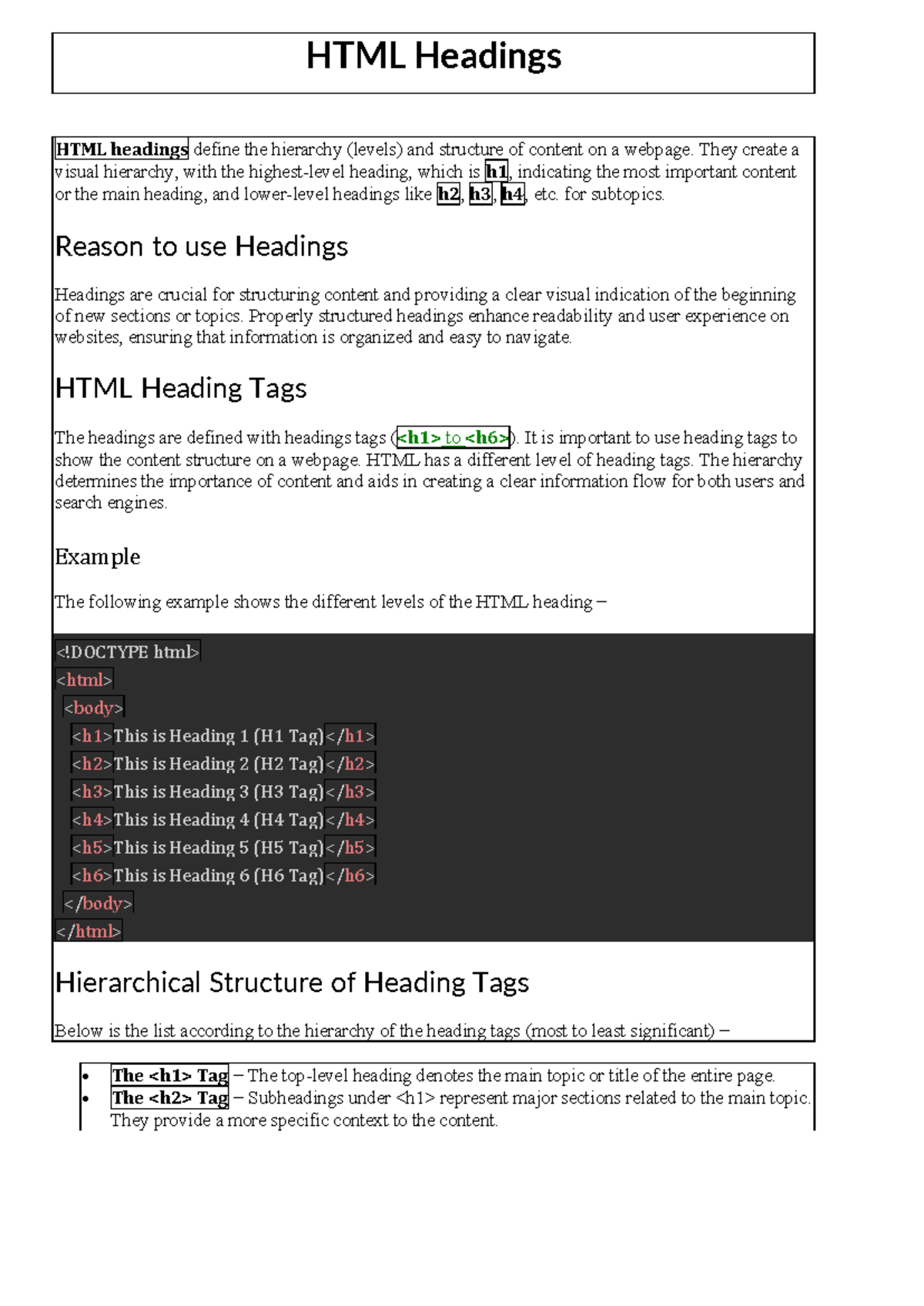 HTML Headings - Study Notes on Structure and Hierarchy - Studocu