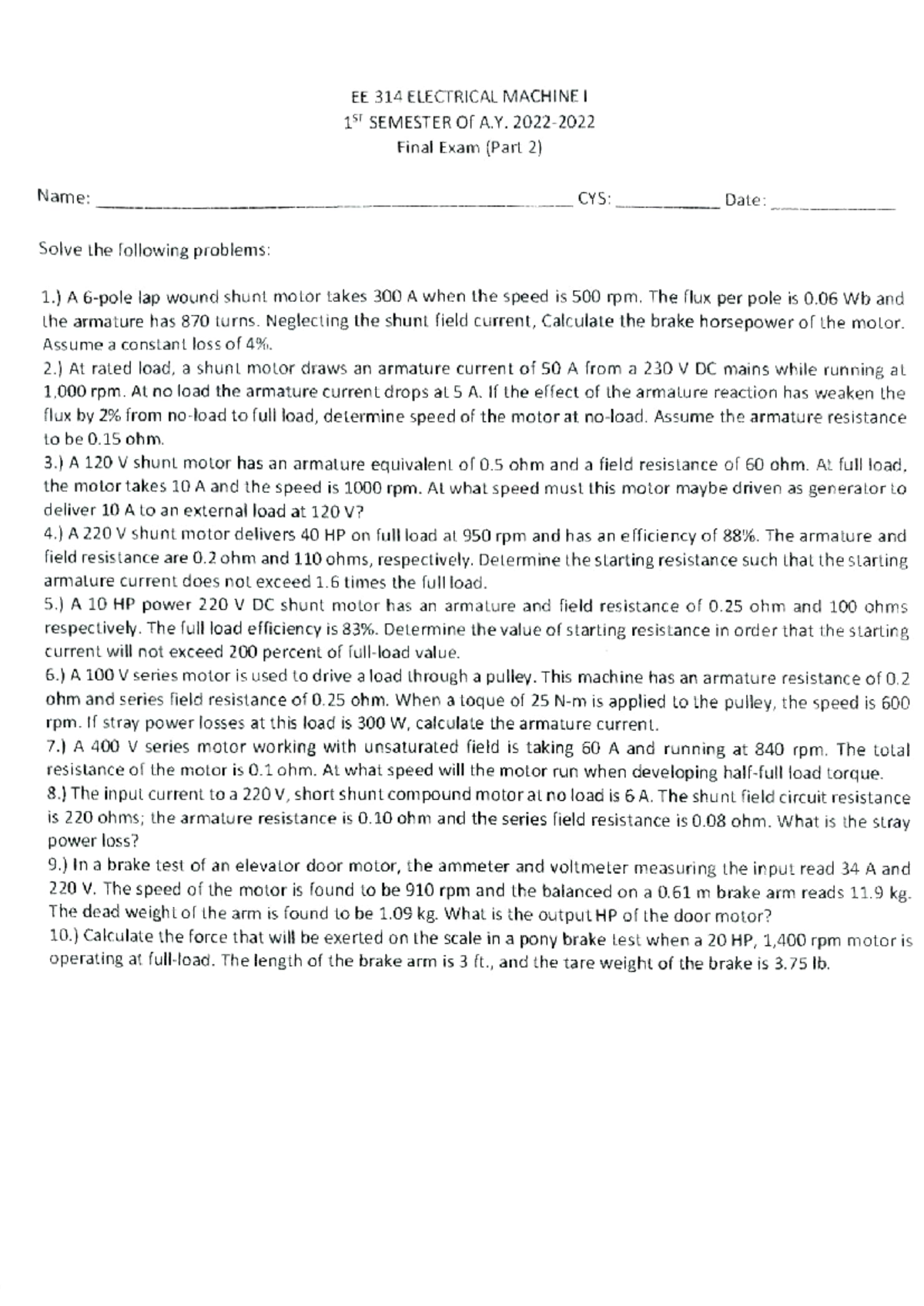 Ee314 Final Exam Review Electrical Machines Problem Solutions Studocu