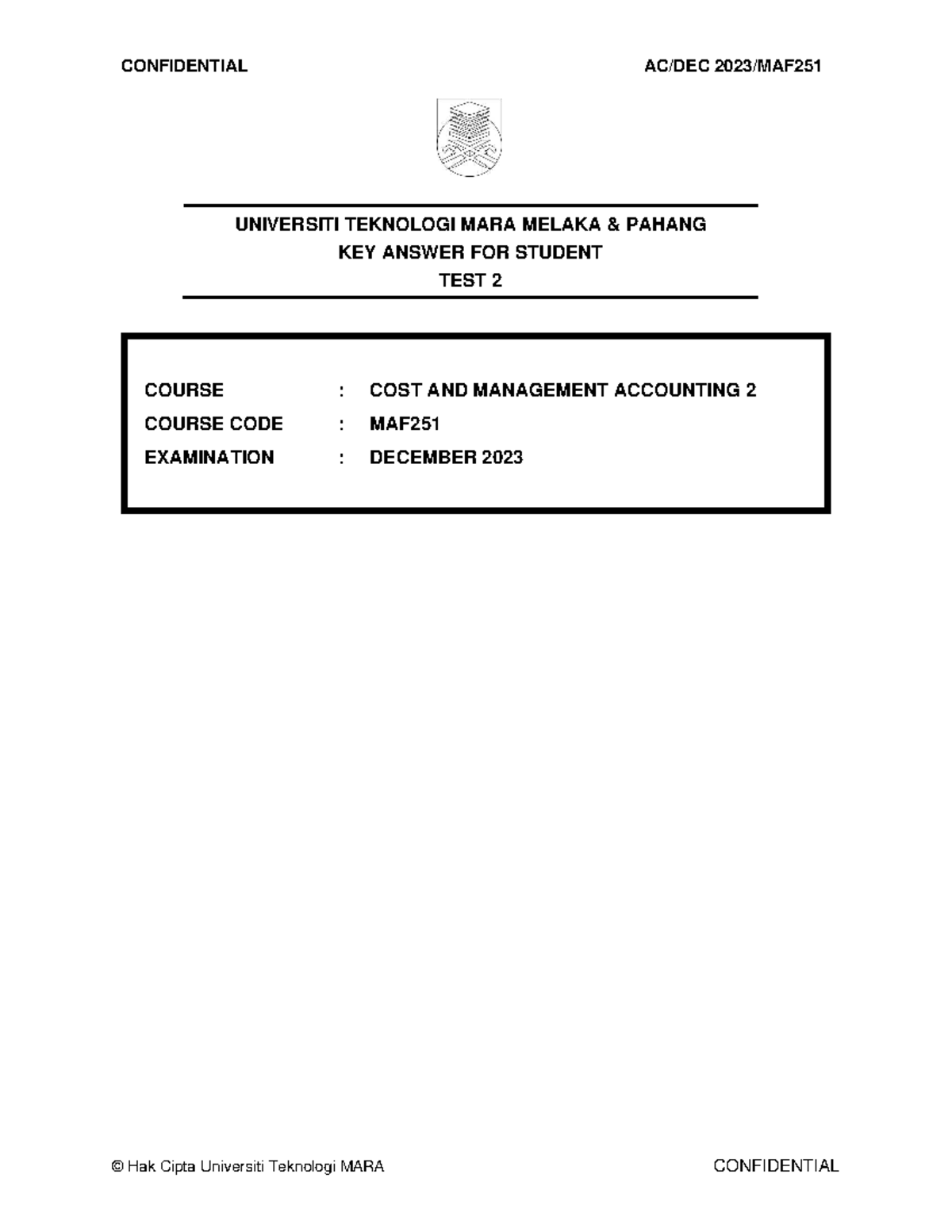 Key Answers for MAF251 Cost & Management Accounting II - Dec 2023 Exam ...