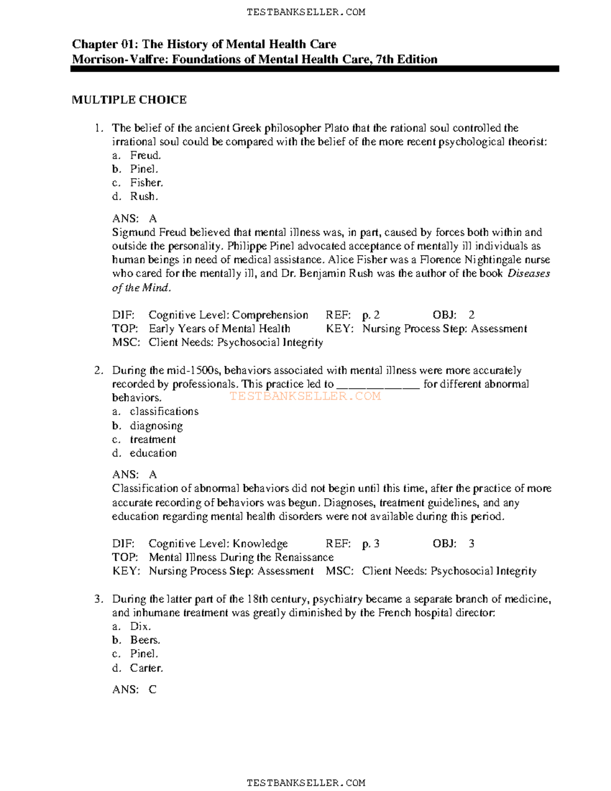 Chapter 01 - Test Bank on Mental Health Care History (MV 7th Ed.) - Studocu