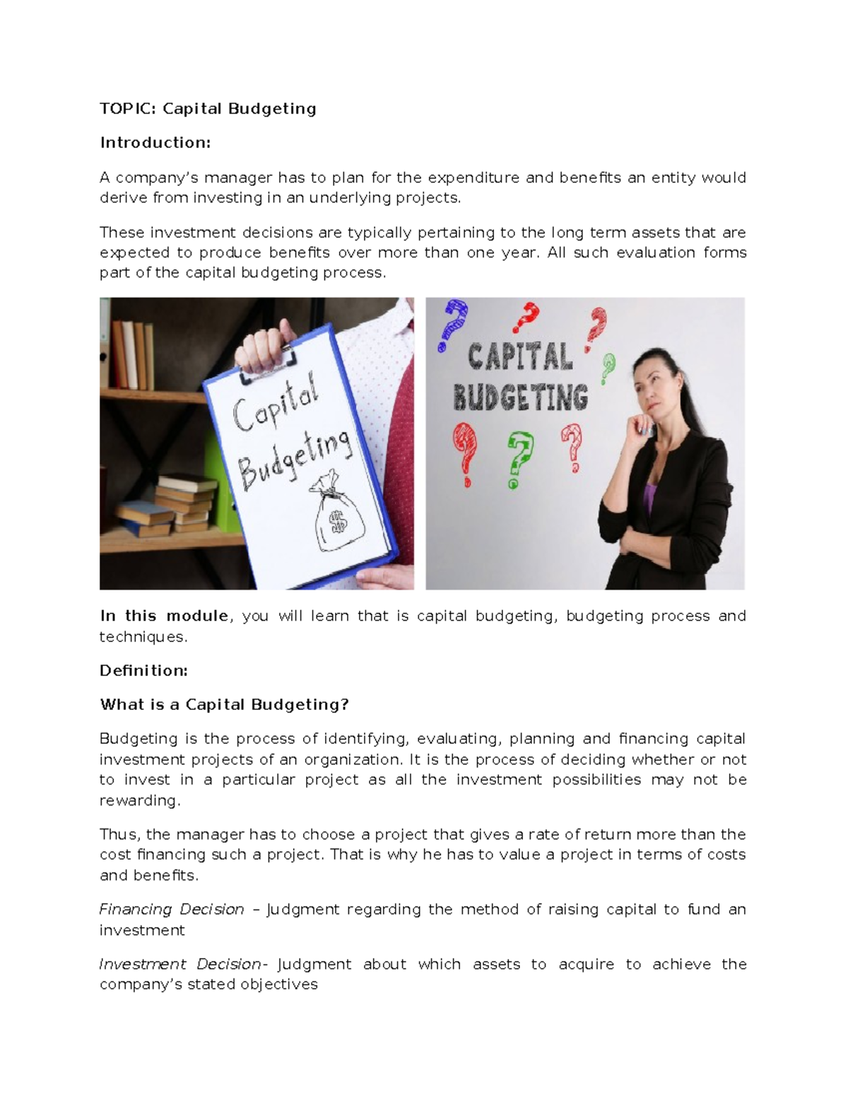 Module 6 Capital Budgeting - TOPIC: Capital Budgeting Introduction: A ...