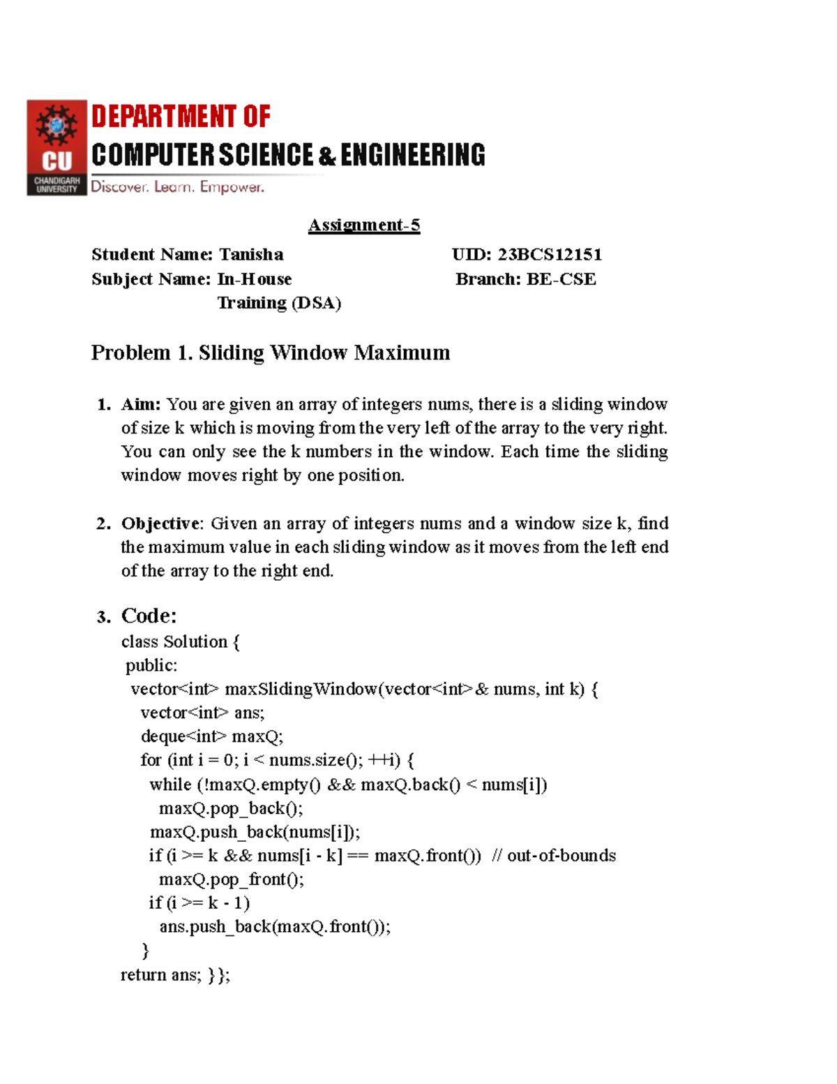 Sliding Window Maximum and Other DSA Problems - 23BCS12151 - Studocu