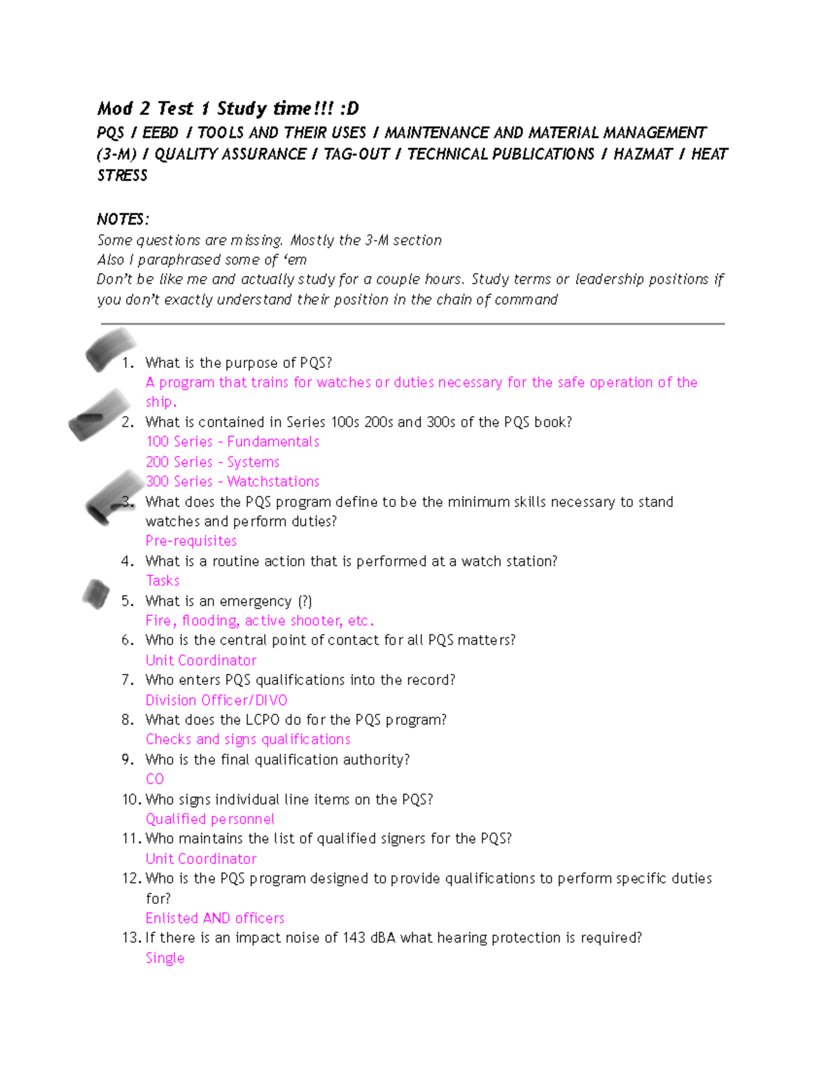 PQS & Safety Procedures Study Guide - Mod 2 Test 1 - Studocu