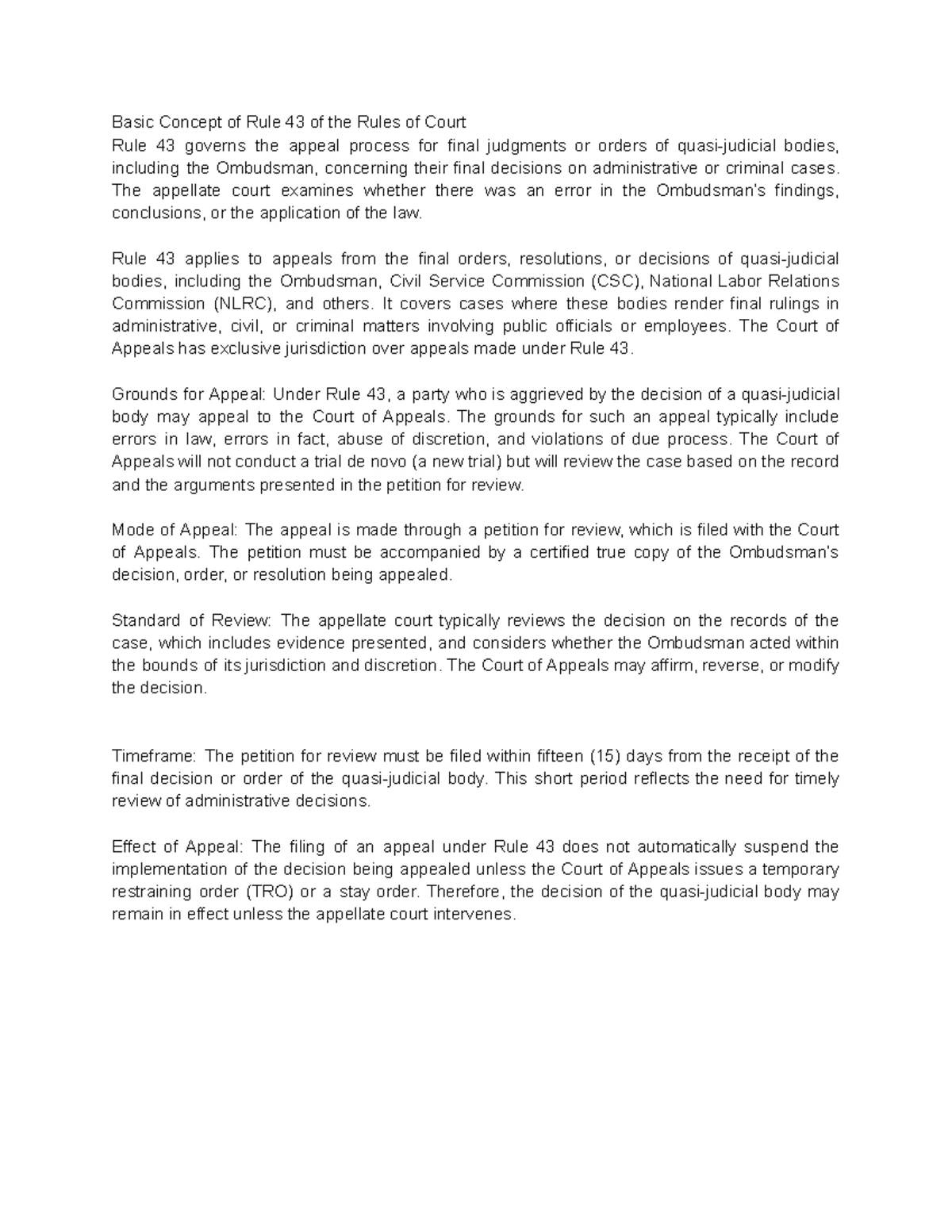 Final Exam Notes on Rule 43 Appeals in Quasi-Judicial Bodies - Studocu