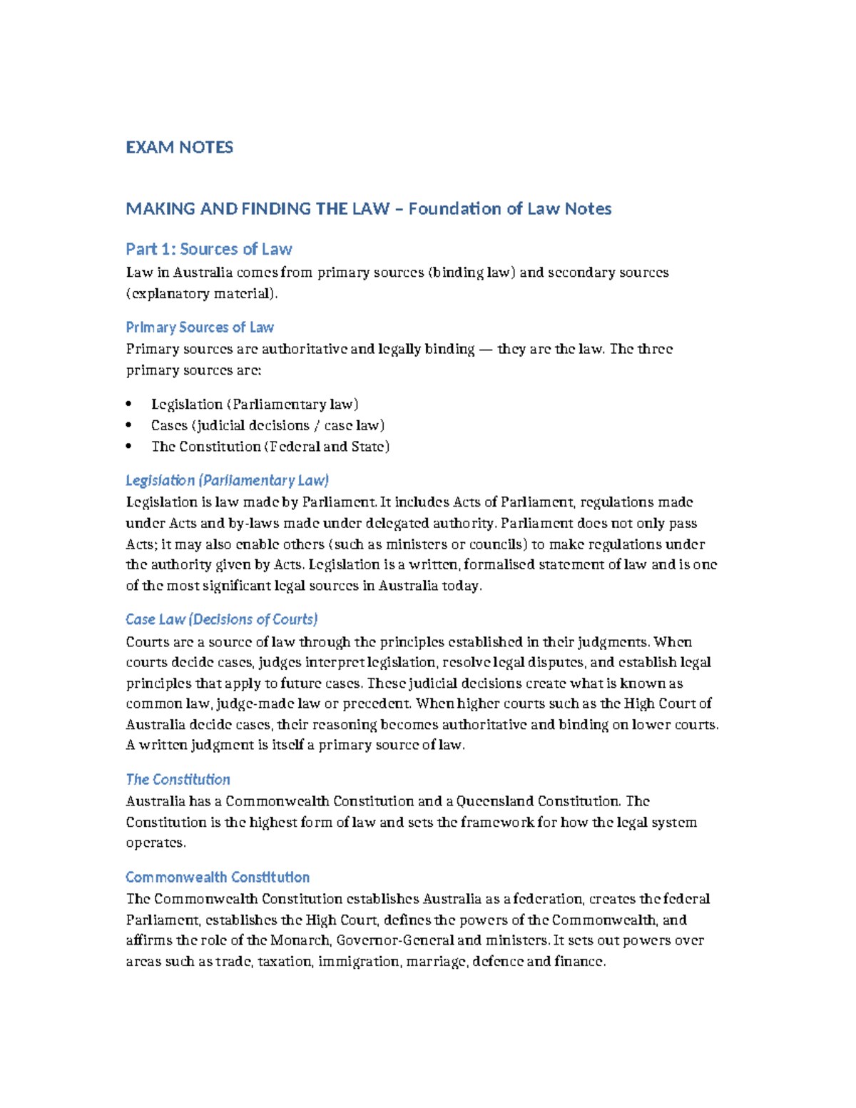 EXAM NOTES: Foundations of Law (LAW101) - Sources & Common Law - Studocu