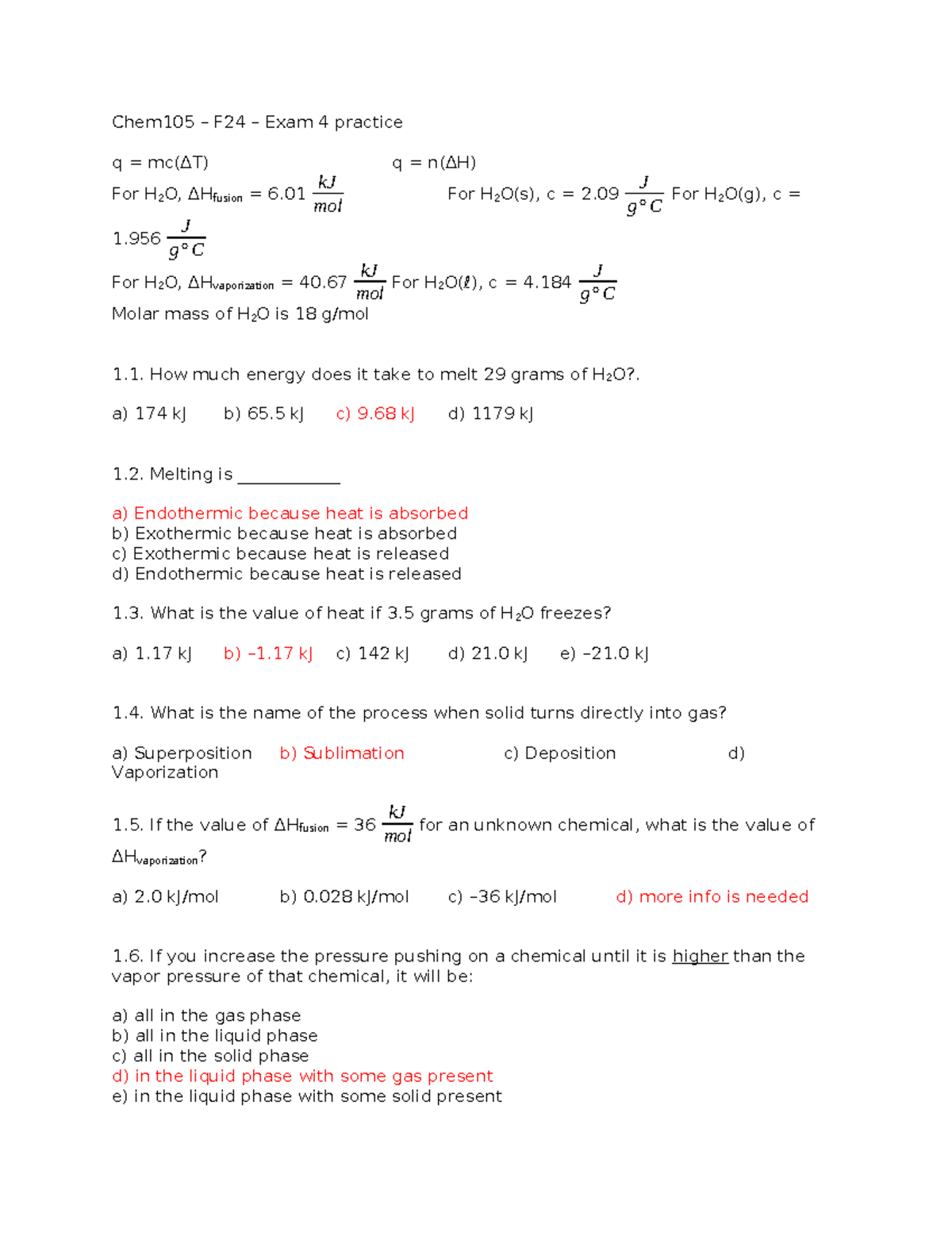 Chem105 F24 Exam 4 Practice Questions and Key for H2O Thermodynamics ...