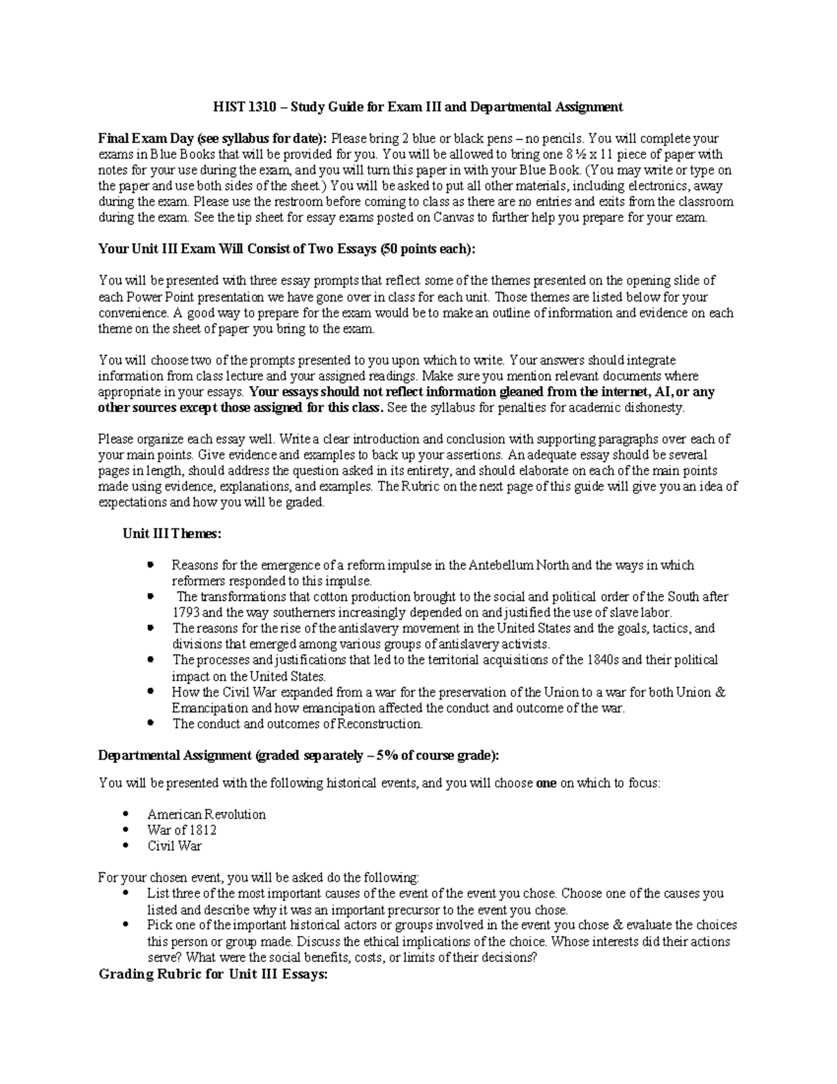 HIST 1310 – Comprehensive Study Guide for Exam III & Assignment - Studocu