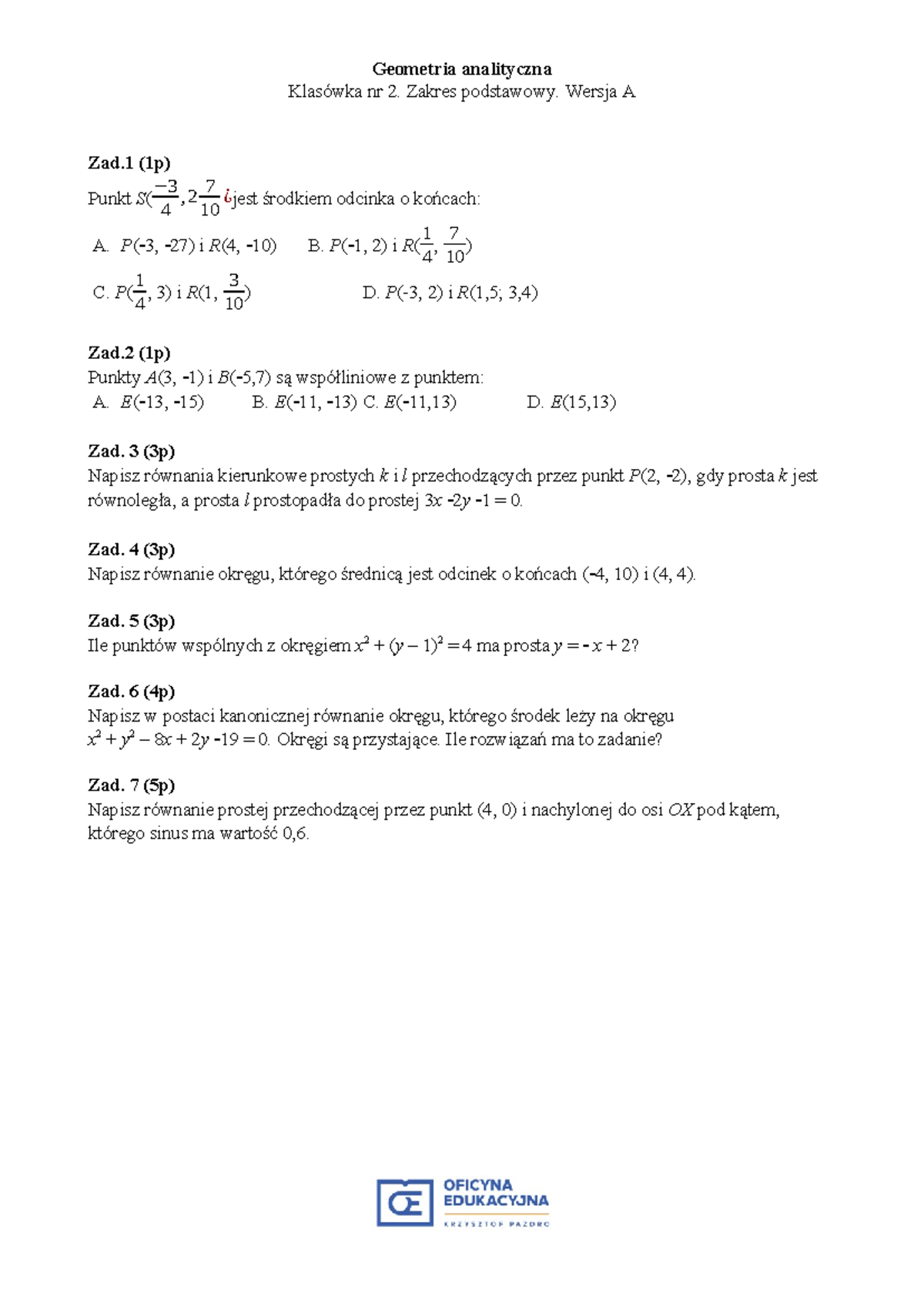 Wsip Sprawdzian 7 Geometria Analityczna 2 Liceum