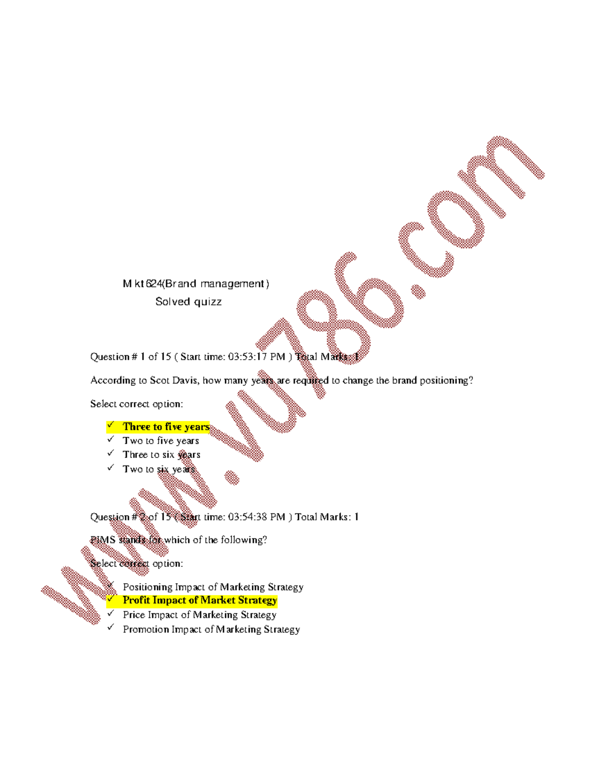Mkt624 Brand Management Quiz 1: Key Questions & Answers - Studocu