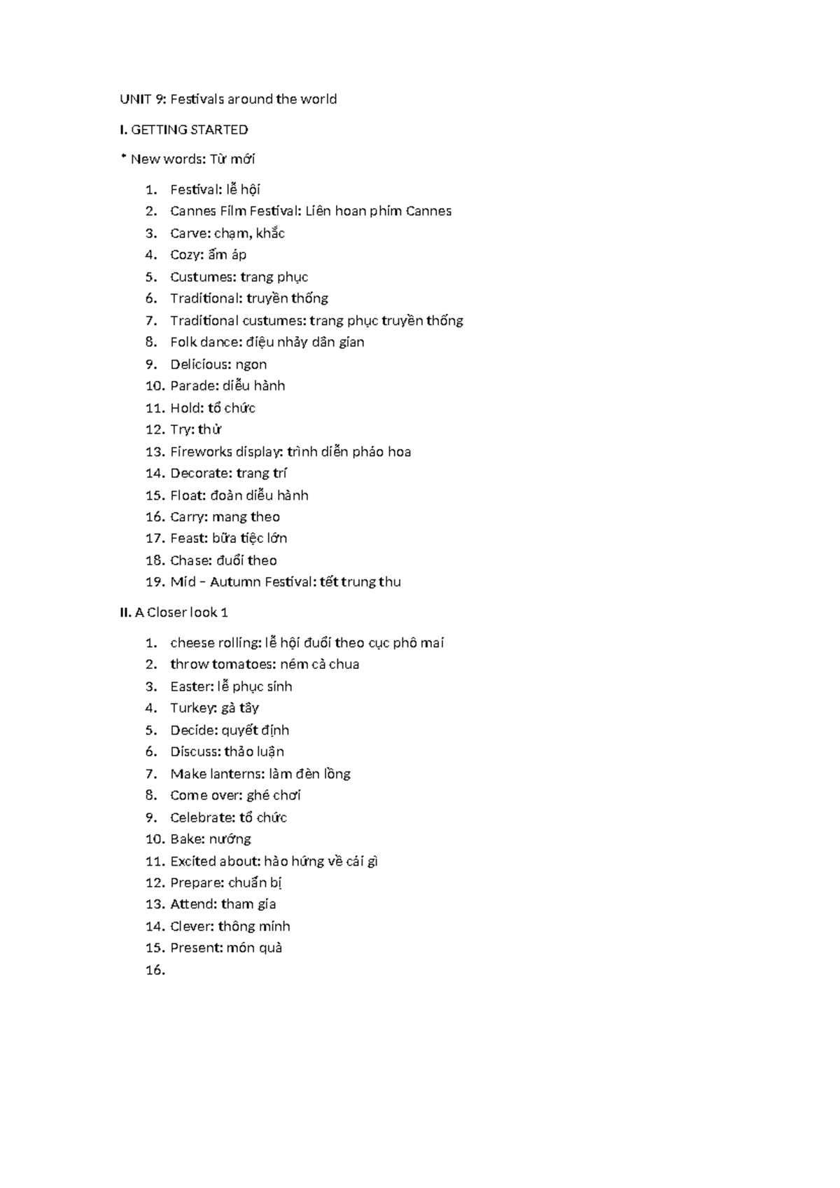 UNIT 9: Festivals Around the World - Vocabulary & Grammar Notes - Studocu