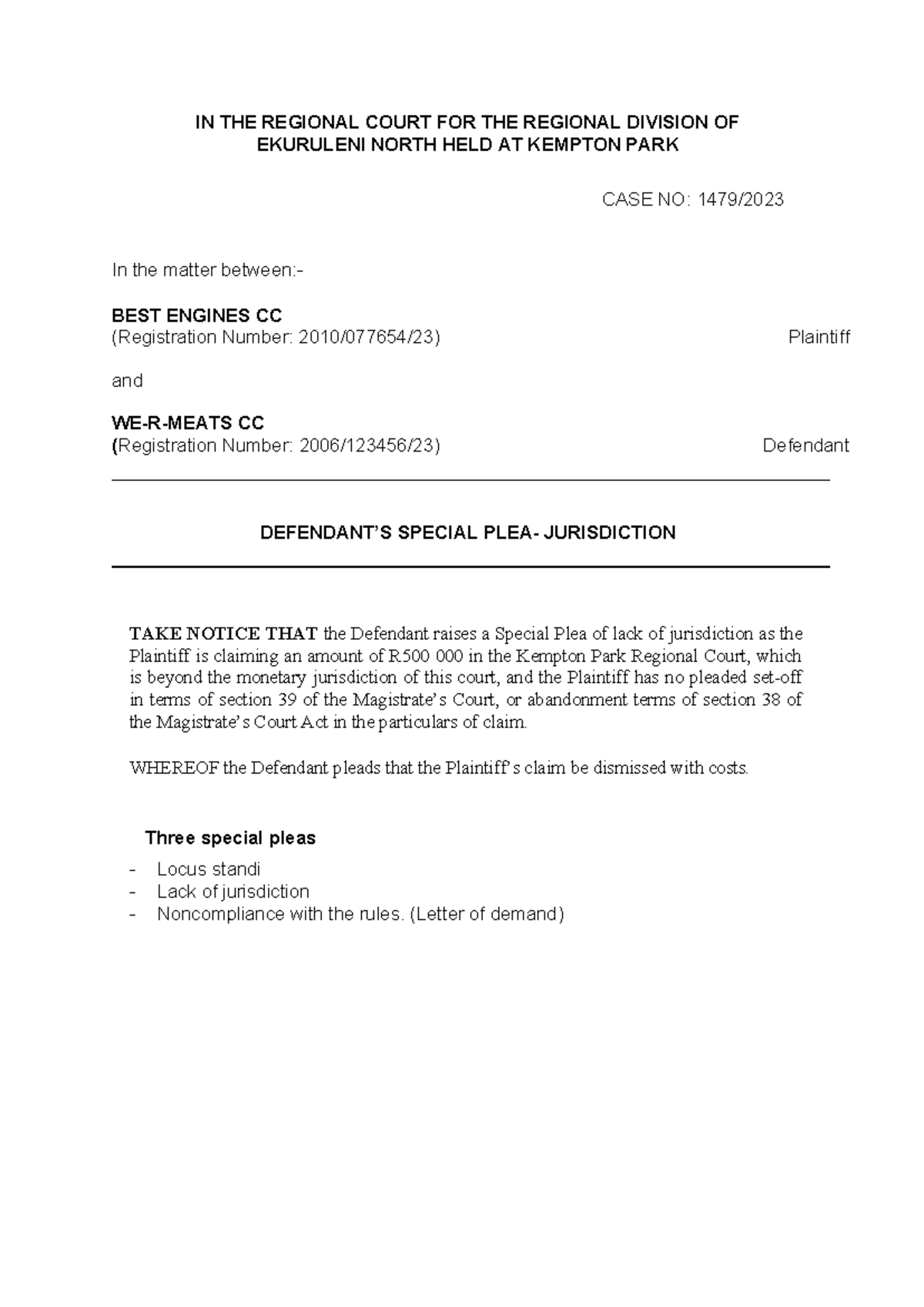 Case No: 1479/ - Defendant's Special Plea and Plea in Ekurhuleni Court ...