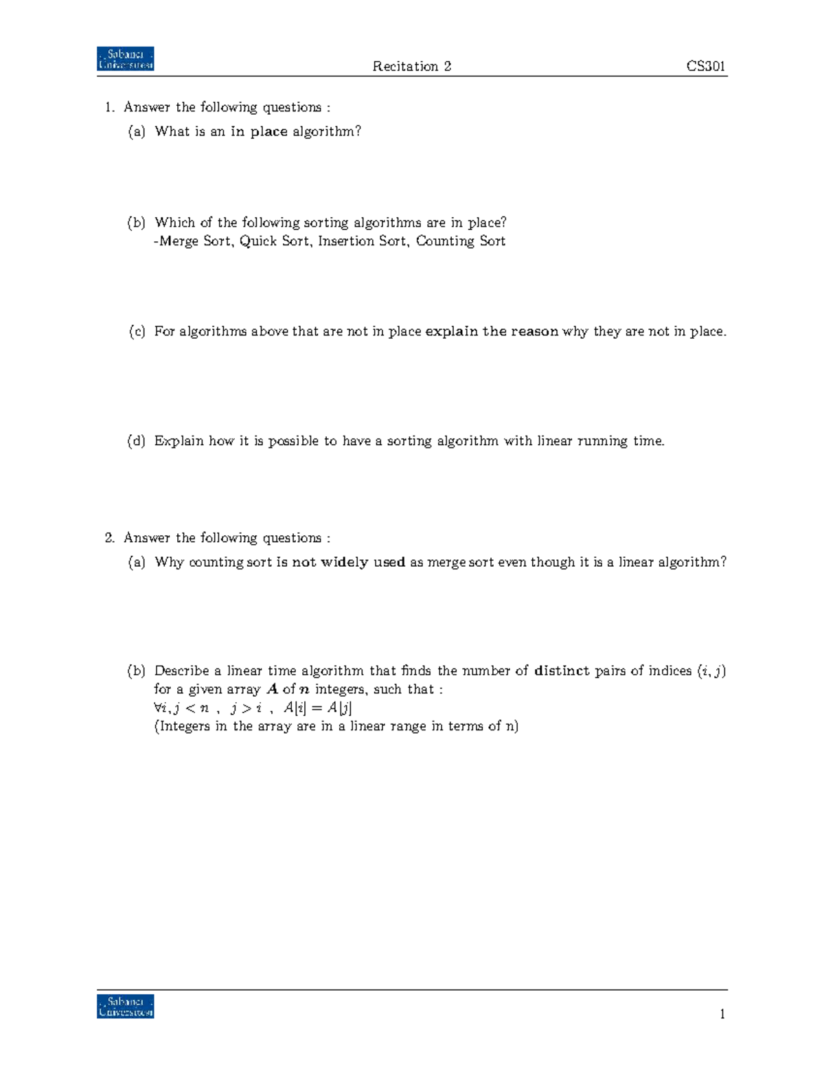 CS301 Recitation 2: In-Place Algorithms & Sorting Techniques - Studocu