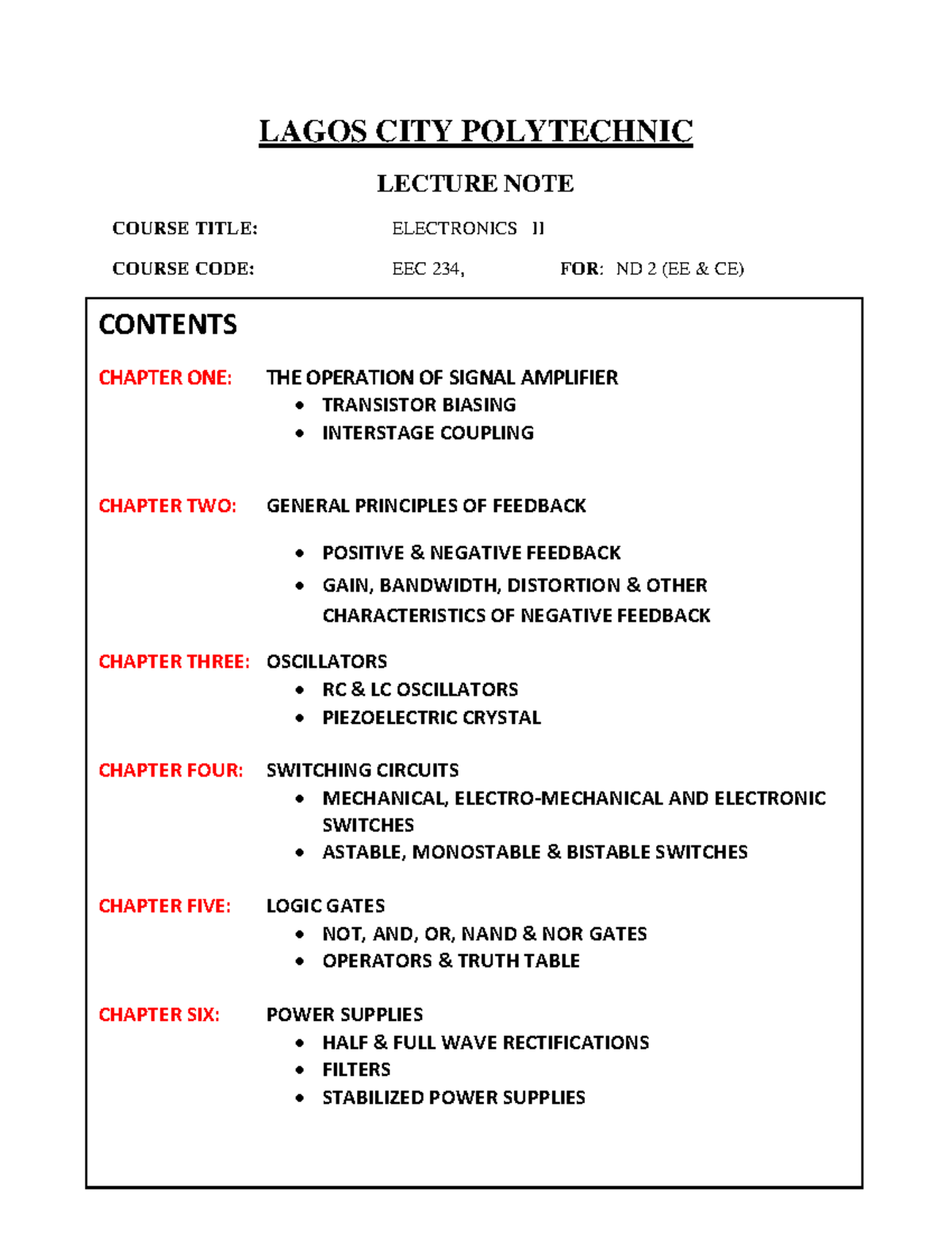 EEC 234 Electronics II Lecture Notes: Signal Amplifiers & Feedback ...