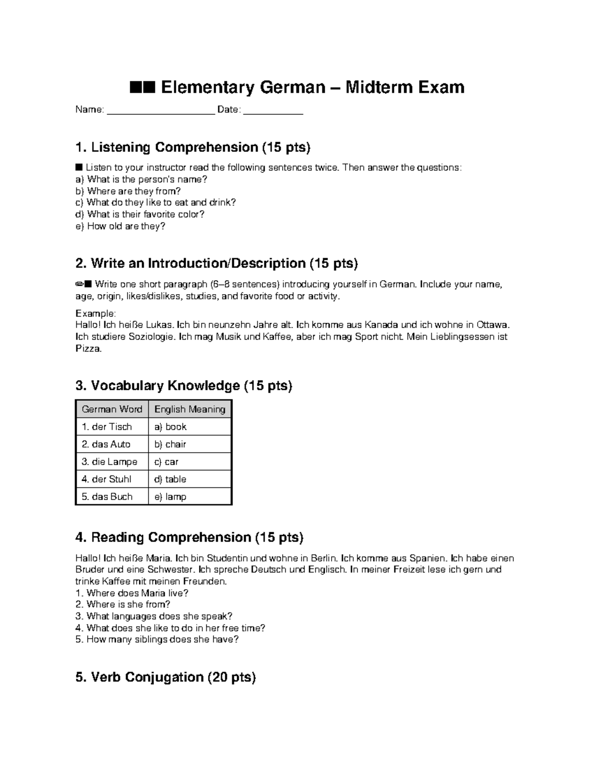Elementary German – Midterm Exam Review Guide - Studocu